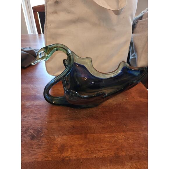 Swan Swirl Bowl/Dish Centerpiece Vintage Blue/Orange Art Glass Large - Picture 2 of 11